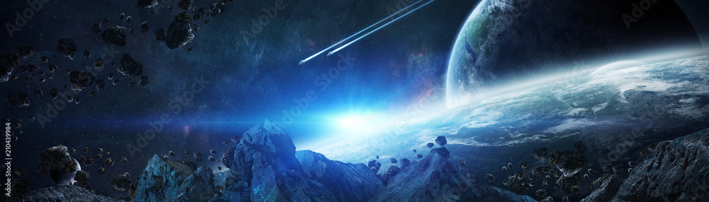 Poster Panoramic view of planets in distant solar system 3D rendering elements of this image furnished by NASA