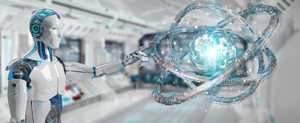 White robot creating future technology structure 3D rendering