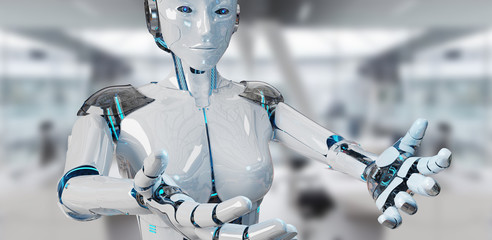 White woman cyborg opening her two hands 3D rendering