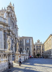 Obraz premium Piazzza Duomo in Catania. On left side is cathedral of Saint Agata and square closes Porta Uzeda.