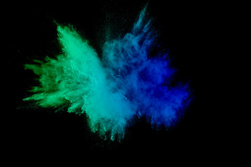 color powder explosion cloud isolated on black background. Freeze motion of color dust  particles...