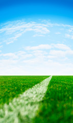 Green synthetic grass sports field with a white line in perspective and blue sky