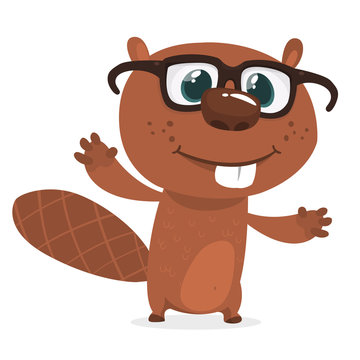 Happy cartoon beaver wearing eyeglasses. Brown beaver character. Vector illustration isolated