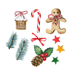 merry christmas set with fir branches, cone, gingerbread house, stars confetti, caramel stick. Can be used as print, postcard, invitation, element design, packaging design, stickers, and os on.