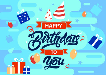 Happy birthday to you colourful background in flat style with gifts, presents, ribbons, balloons illustrations. Vector illustration design.