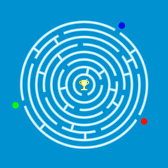 Round labyrinth maze game with 3 players. With Prize in the middle.Vector illustration design.