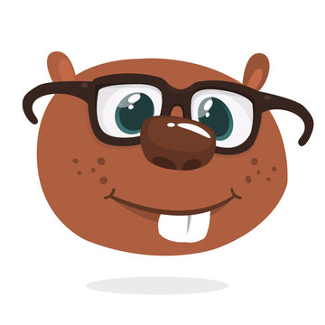 Cute cartoon beaver head icon wearing eyeglasses. Vector illustrated