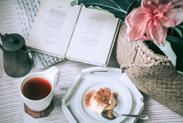 cozy homely breakfast in bed