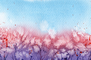 field with dandelions. watercolor background. summer. drops of splashes, water splashes. blue sky