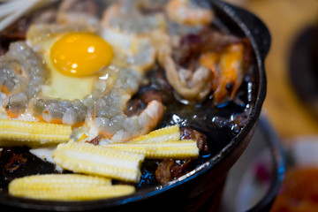 Barbecue Thai style buffet pork cooking in hot pan