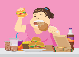 Fat woman enjoy with a lot of fast food on the table. Illustration about overeating.