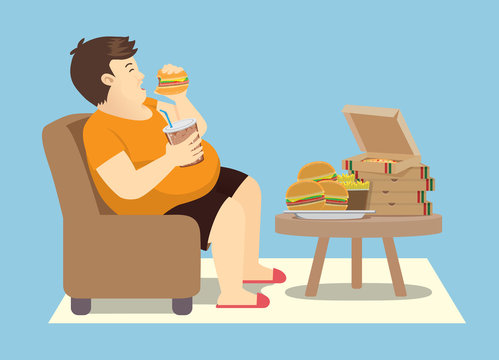 Fat man overeating with many fast food on the table. Illustration about binge eating.