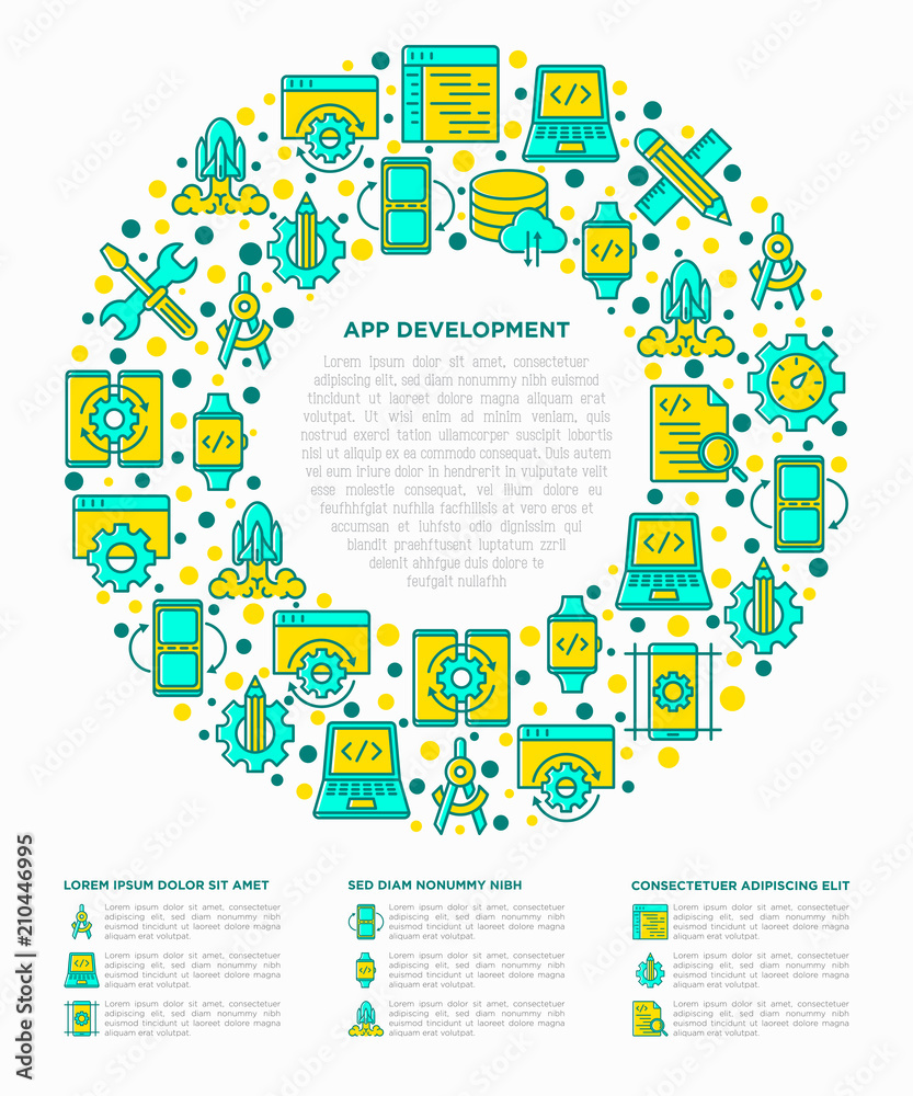Wall mural app development concept in circle with thin line icons: writing code, multitasking, smart watch app,