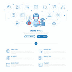 Online music concept: man in headphones listening music from cloud service. Thin line icons: smartphone with mobile app, earphones, equalizer, speaker. Vector illustration, web page template.