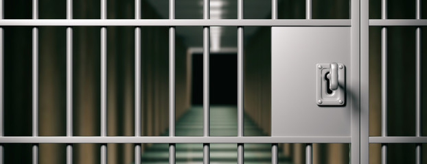 Prison interior. Locked door and key closeup, dark background. 3d illustration - obrazy, fototapety, plakaty
