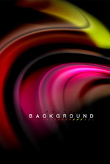 Fluid liquid colors design, colorful marble or plastic wavy texture background, glowing multicolored elements on black, for business or technology presentation or web brochure cover design, wallpaper