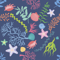 Seamless background, texture, pattern of seaweed, coral and seashells. Vector illustration