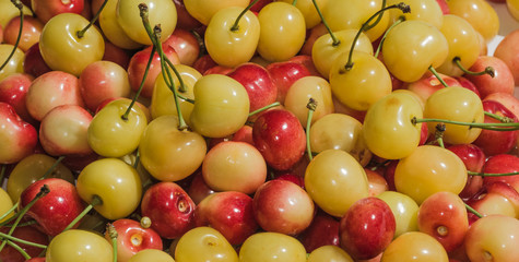 Ripe yellow and red sweet cherry on a white background