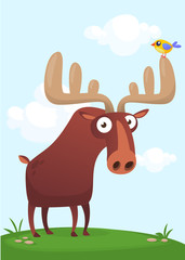 Happy cartoon moose character. Vector moose illustration isolated. 