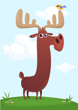Happy cartoon moose character. Vector moose illustration isolated. 