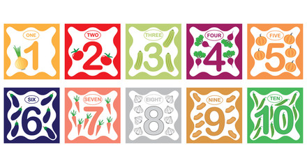 Learning numbers, mathematics with vegetables. Flash cards with numbers from 1 to 10, set. Game for children. Vector illustration.