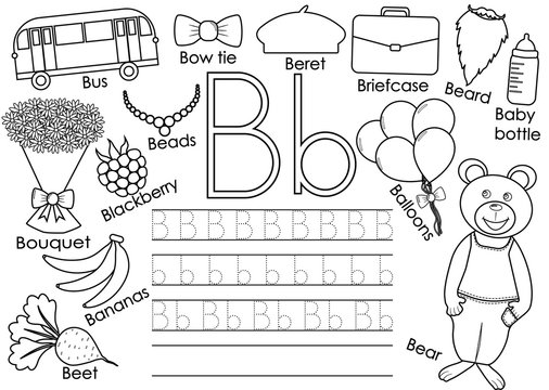 Letter B. English alphabet. Writing practice for children. Educational game. Coloring book. Vector illustration.