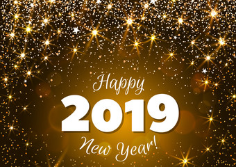 Happy New Year 2019 greeting banner. Festive background with colorful confetti, party popper and sparkles. Vector