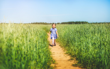 Fototapeta na wymiar little girl in a dress runs across the field on a sunny day 