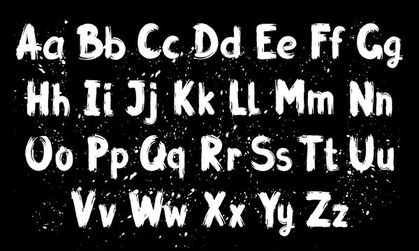 Hand written calligraphy alphabet, black ink brush lettering, abc latin alphabet, grunge font style with ink splashes. Vector