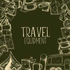 Set of travel equipment. Accessories for camping and camps. Sketch illustration of camping and tourism equipment. Vector