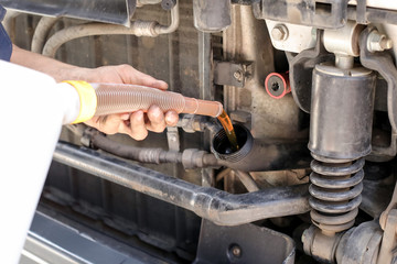 The mechanic pours engine oil into the engine of the truck
