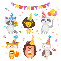 animals in festive cone hats