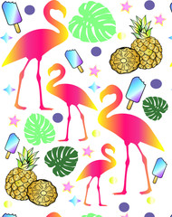 Tropical seamless pattern with flamingos, tropic leaves, pineapples and with neon ice cream. Creative idea for children's invitation