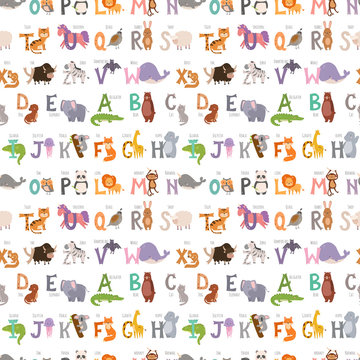Zoo alphabet with cartoon animals seamless pattern background funny letters wildlife learn typography font language vector illustration.