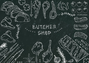 Butcher Shop. Meat Cuts - Beef, Pork, Lamb, Steak, Boneless Rump, Ribs Roast, Loin and Rib Chops. Tomato, Olives, Bell Pepper, Onion,Garlic, Herbs, Fork, Tongs. Black Board Background and Chalk.