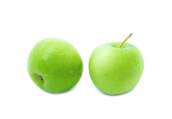 Two Green apple on white background with water drop, fruit Nourish the health body