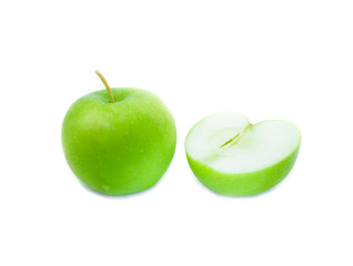 Green apple and slices on white background with water drop, fruit Nourish the health body