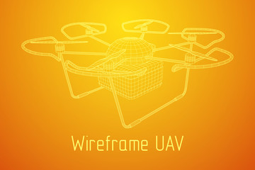 Remote control air drone. Dron flying with cargo box. Wireframe low poly mesh vector illustration