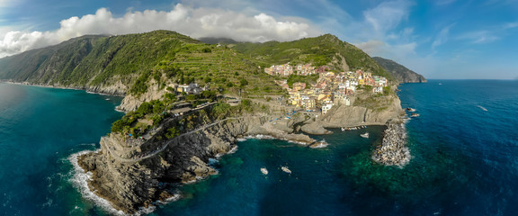 Manarola - Village of Cinque Terre National Park at Coast of Italy. Province of La Spezia, Liguria, in the north of Italy - Aerial View - Travel destination and attractions in Europe.