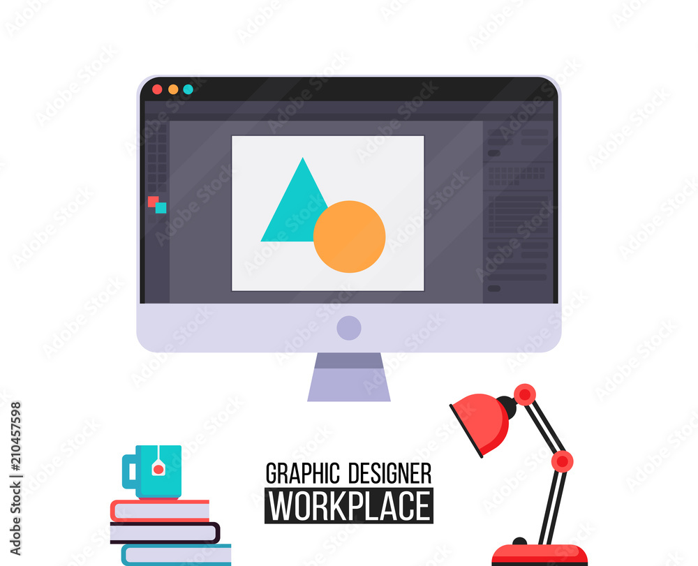 Poster computer of graphic designer with vector program on monitor.