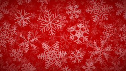 Obraz na płótnie Canvas Christmas background of many layers of snowflakes of different shapes, sizes and transparency. White on red.