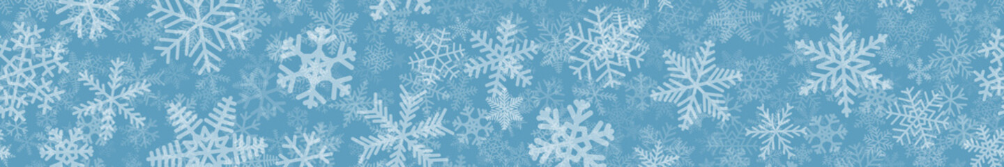 Christmas horizontal seamless banner of many layers of snowflakes of different shapes, sizes and transparency. White on light blue.