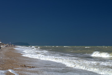 Italy,Monte Conero,rough sea,beach,horizon,panorama,summer,sky,blue,water