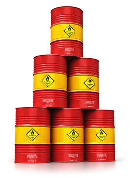 Group of red oil drums isolated on white background