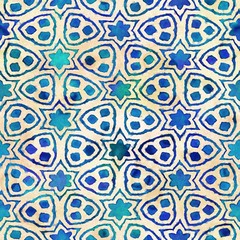 Native batik seamless watercolor artistic boho style colorful square pattern.