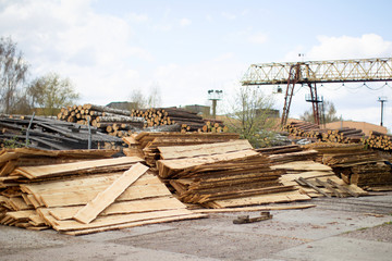 Woodworking factory.Woodworking factory. Warehouse of boards and logs.Wood in production