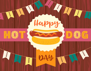 Happy Hot Dog holiday greeting. Fancy cute letters, grilled sausage, mustard, bun. July National Hot Dogs Month celebration. Template for summer festival carnival event background. Vector illustration