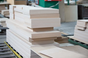 Piles of plywood. Wood processing shop