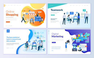 Set of web page design templates for online shopping, digital marketing, teamwork, business strategy and analytics. Modern vector illustration concepts for website and mobile website development.  - obrazy, fototapety, plakaty