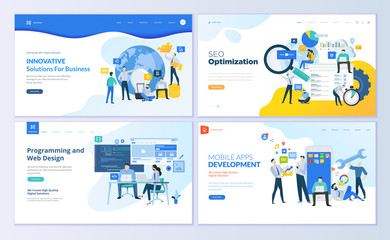 Obraz na płótnie Canvas Set of web page design templates for SEO, mobile apps, business solutions. Modern vector illustration concepts for website and mobile website development. Easy to edit and customize.